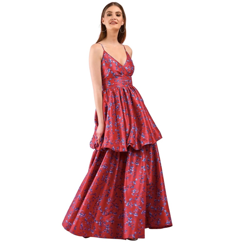 eShakti Tiered Maxi Dress Womens XS Red Heart Print Sleeveless Party Formal Prom